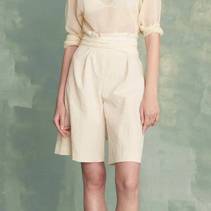 

Cort~Linen Shorts Women's 2023 Spring/Summer Autumn Loose High Waist Summer Capris Straight Leg Wide Leg Pants