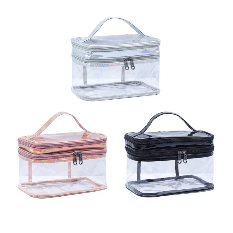 

Portable Clear Makeup Bag 2 Layers Zipper Cosmetics Bags Transparent Travel Storage PVC Toiletry Organizers