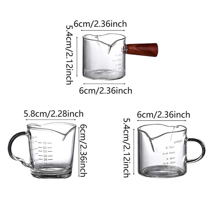 70/75ml Espresso Shot Glass Double Spout Measuring Cup Heat-Resistant Handle Clear Scale Wine Milk Coffee Measure Jug