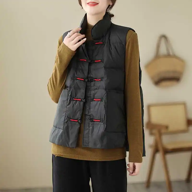 Autumn and Winter Women's Patchwork Stand Collar Sleepless Single Breasted Loose Over Size Vest Jacket Fashion Casual Tops