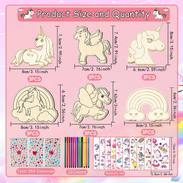 386Pcs Unicorn Wood Craft Set with 18Pcs Unicorn Wood, 354 Rhinestones, 12 Colored Pencils, 2 Stickers, Boys/Girls DIY Crafts 2