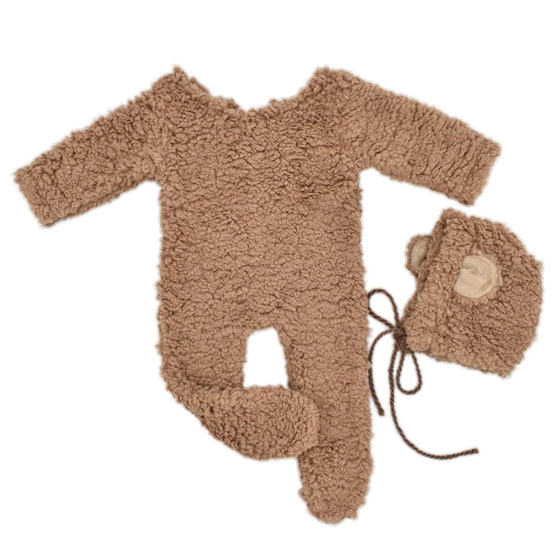 

Newborn Photo Props Berber Fleece Costume Bear Ear Hat Baby Footed Romper Photo-Shooting Clothes Photostudio Props 2PCS