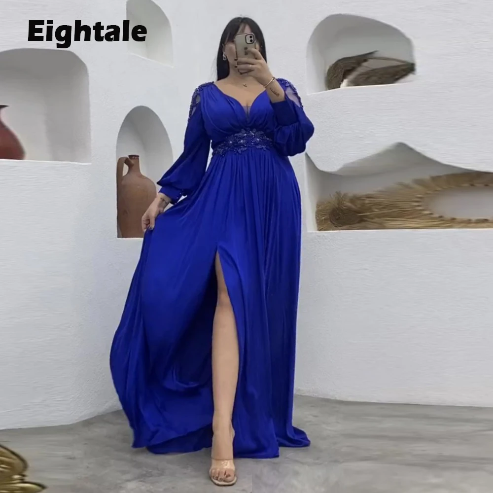 

Eightale Plus Size Blue Evening Dress for Wedding Party Chiffon V-Neck Long Sleeves Beaded Arabic Prom Gowns Celebrity Dress