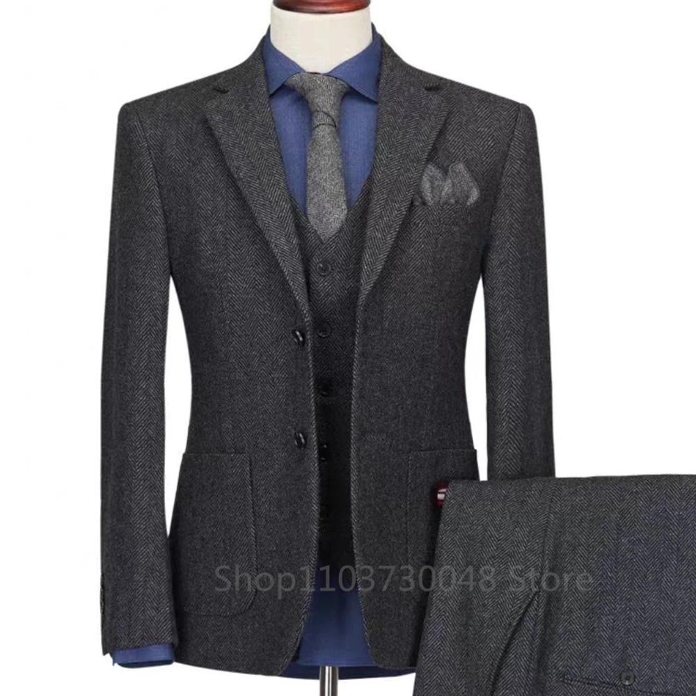 3 Pieces Men's Suits Dark Gray Tweed Herringbone Slim Fit Notch Lapel Two Buttons Jacket Groom Tuxedos(Blazer+Vest+Pants)
