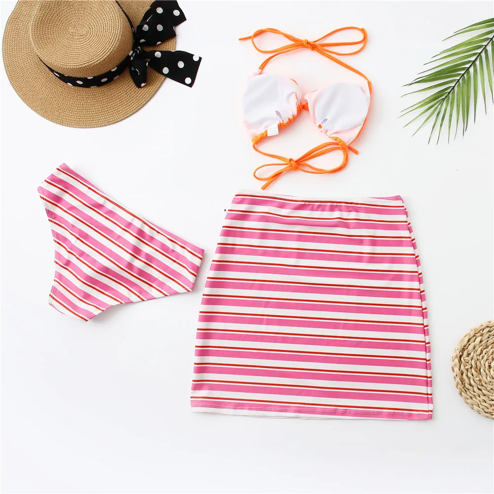 SKMY 2023 New Summer Clothes Halter Neck Bandage Bras Striped Shorts And Skirt Three Piece Set Women Outfit Beach Party Clubwear