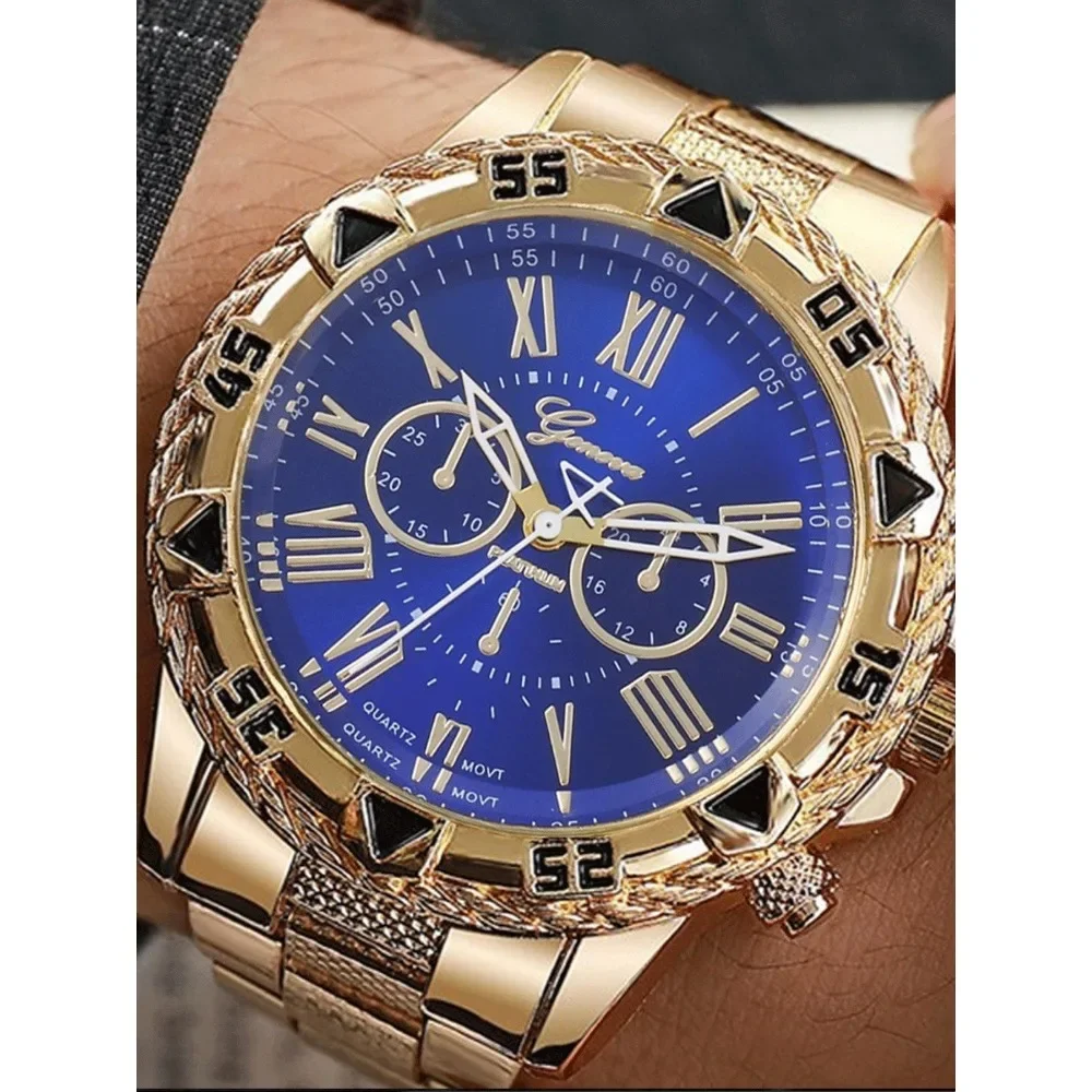 2-piece men's fashionable large dial watch set with steel strap and quartz watch for men