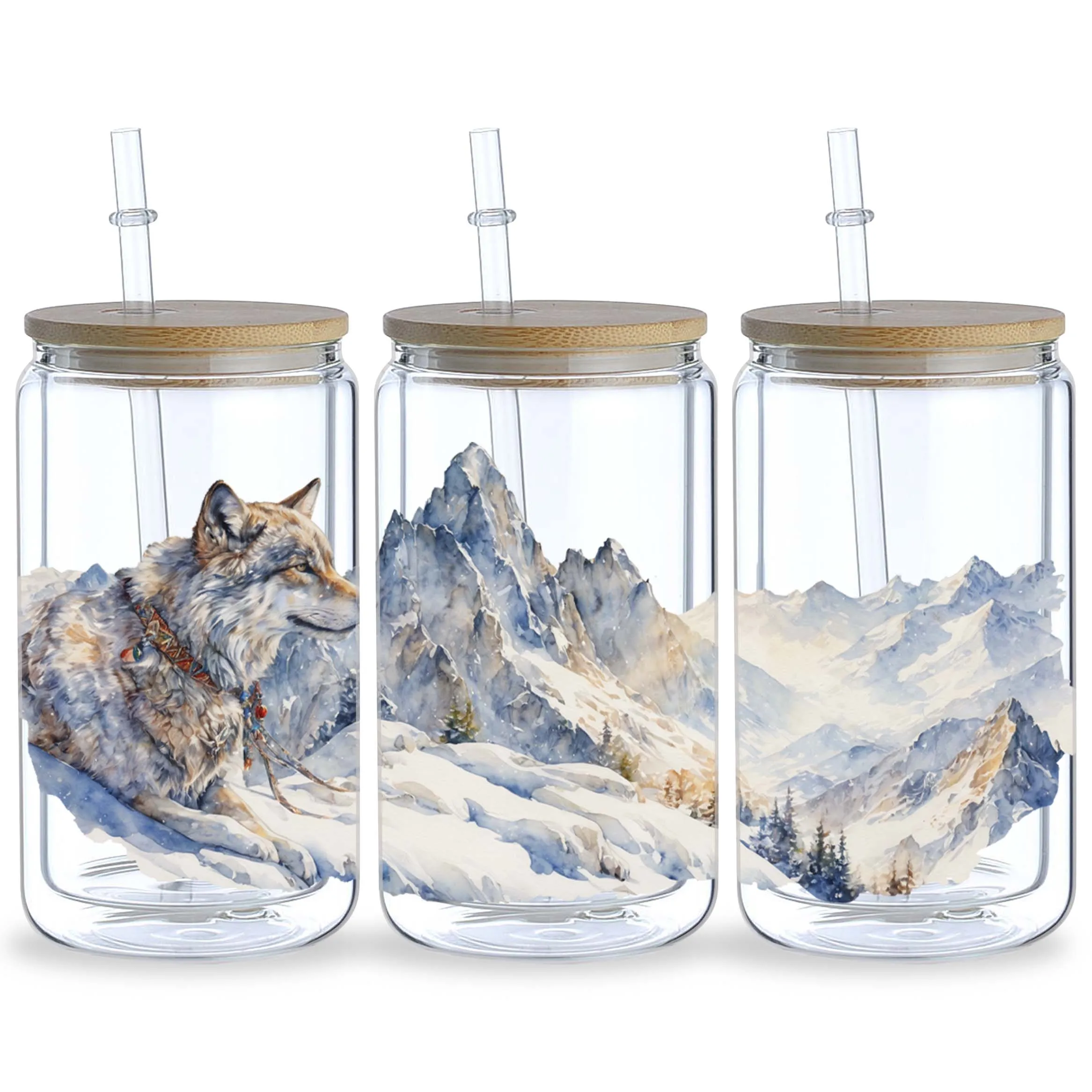 5 Sheets Wolf UV DTF Cup Stickers Glass Sport DTF Transfer Stickers Waterproof Wipe Transfers for 16 oz Glass Mugs sticker cups uv dtf wrap transfer