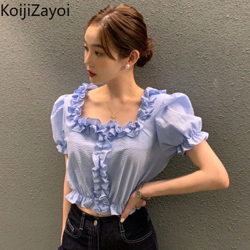 

Koijizayoi Sweet Women Solid Ruffled Cropped Shirt Short Sleeves Square Collar Blouse 2022 New Summer Slim Sexy Blusas Dropship