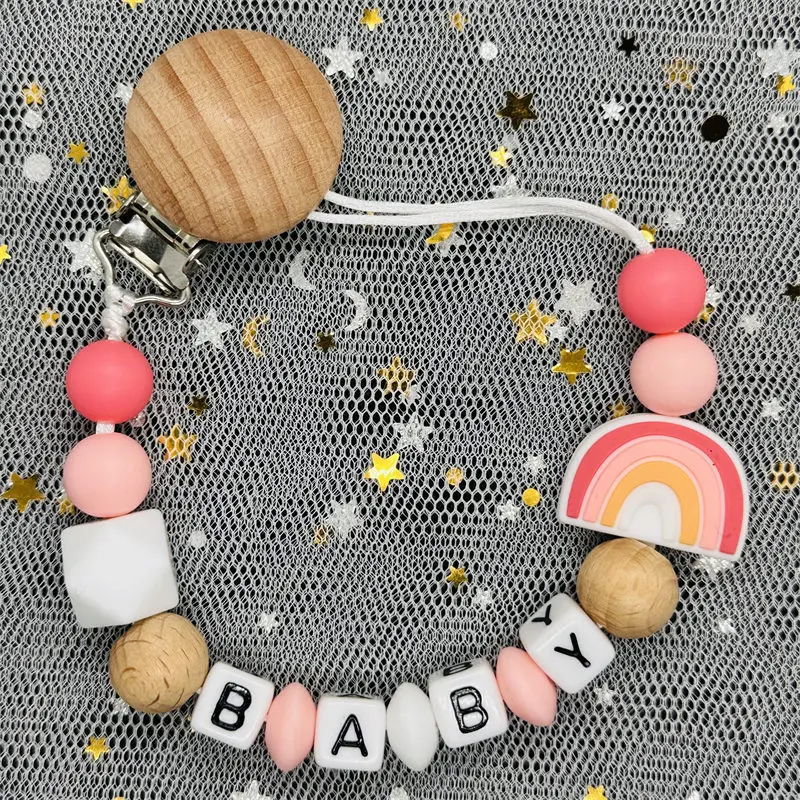 NEW Personalized Name Handmade Beech Pacifier Clip Holder Chain Silicone Rainbow Pacifier Chain Baby Teether Teething Chain Gift