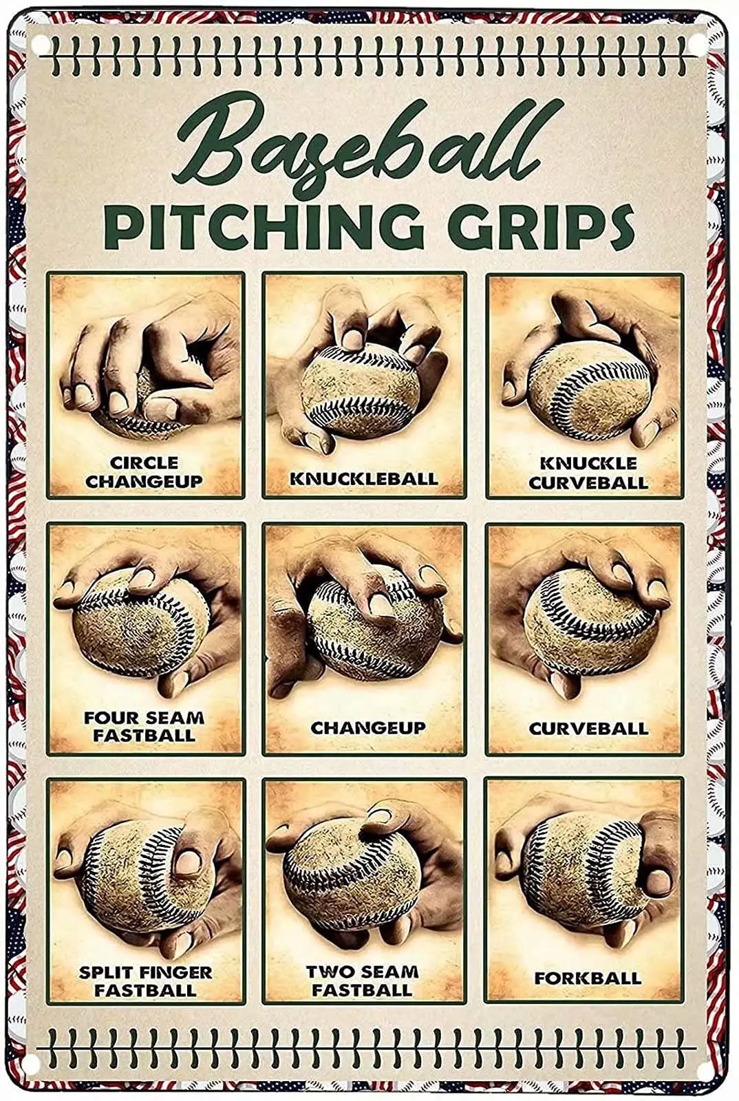 

Retro Baseball Pitching Grips Metal Tin Sign Vintage Coffee Wall Coffee Bar Decor 8x12 Inch Tin Sign Wall Decoration