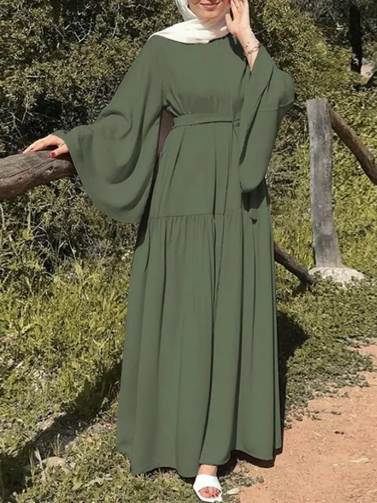 2023 Muslim Fashion Leisure Flared Sleeves with Belt Long Dresses Muslim Dress Women Turkish Abayas Robe Pour Femme Musulmane