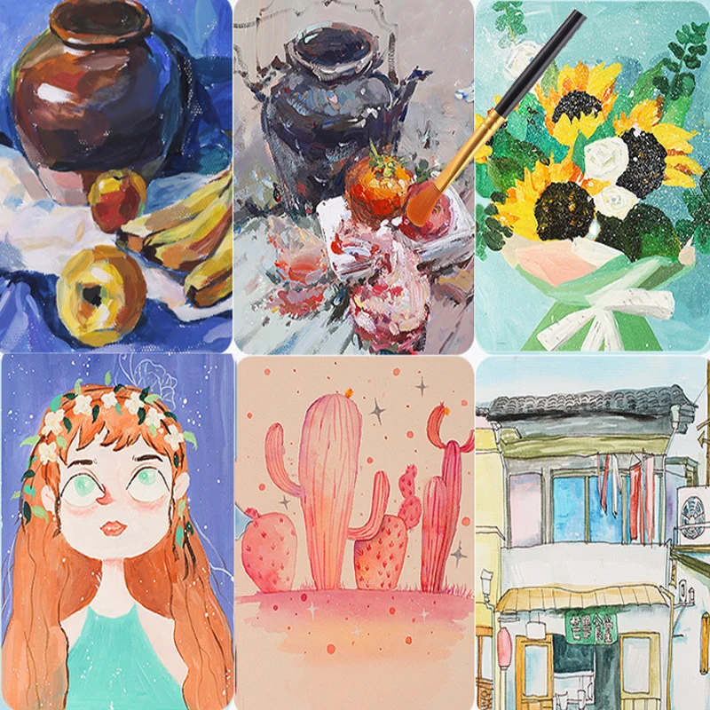 10개 플라스틱 짧은 손잡이 미술 그림 수채화 구아슈 유화 붓 다색 다용도 나일론 헤어 페인트 붓 세트