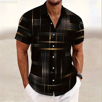 Camicia a righe geometriche a 15 colori Camicia con bottoni da uomo, vacanza casual hawaiana a maniche corte all'aperto, Camicia con risvolto alla moda di strada 1