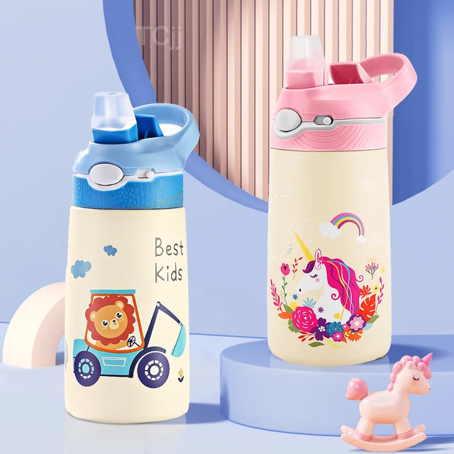 400ML enfants bouteille d'eau dessin animé Animal tasse pour enfants avec paille en acier inoxydable flaques sous vide bouteille Thermos tasse thermique tasses 2