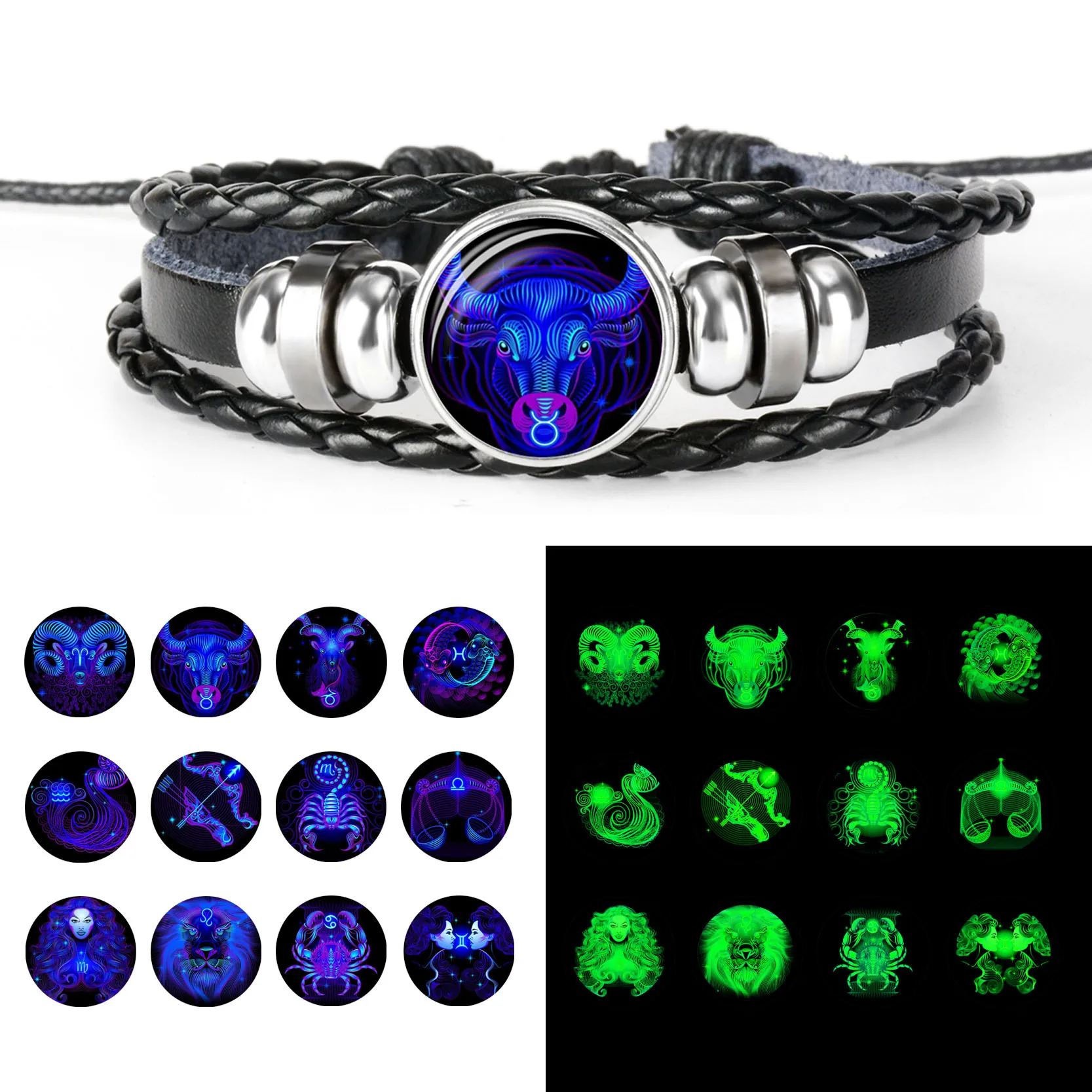 Pulseira de Couro Trançado para Homens, Signo do Zodíaco, Preto, Signo do Zodíaco, Leão Câncer, Virgem, Libra, Cúpula de Vidro Tecida, Jóias Punk, 12