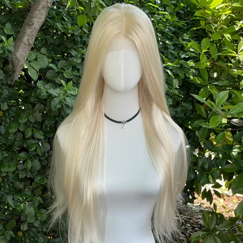 Light Blonde Synthetic Hair 13x4 Lace Front Wigs for Women 26 Inch Long Straight Free Part 150% Density Glueless Half Hand Tied 1