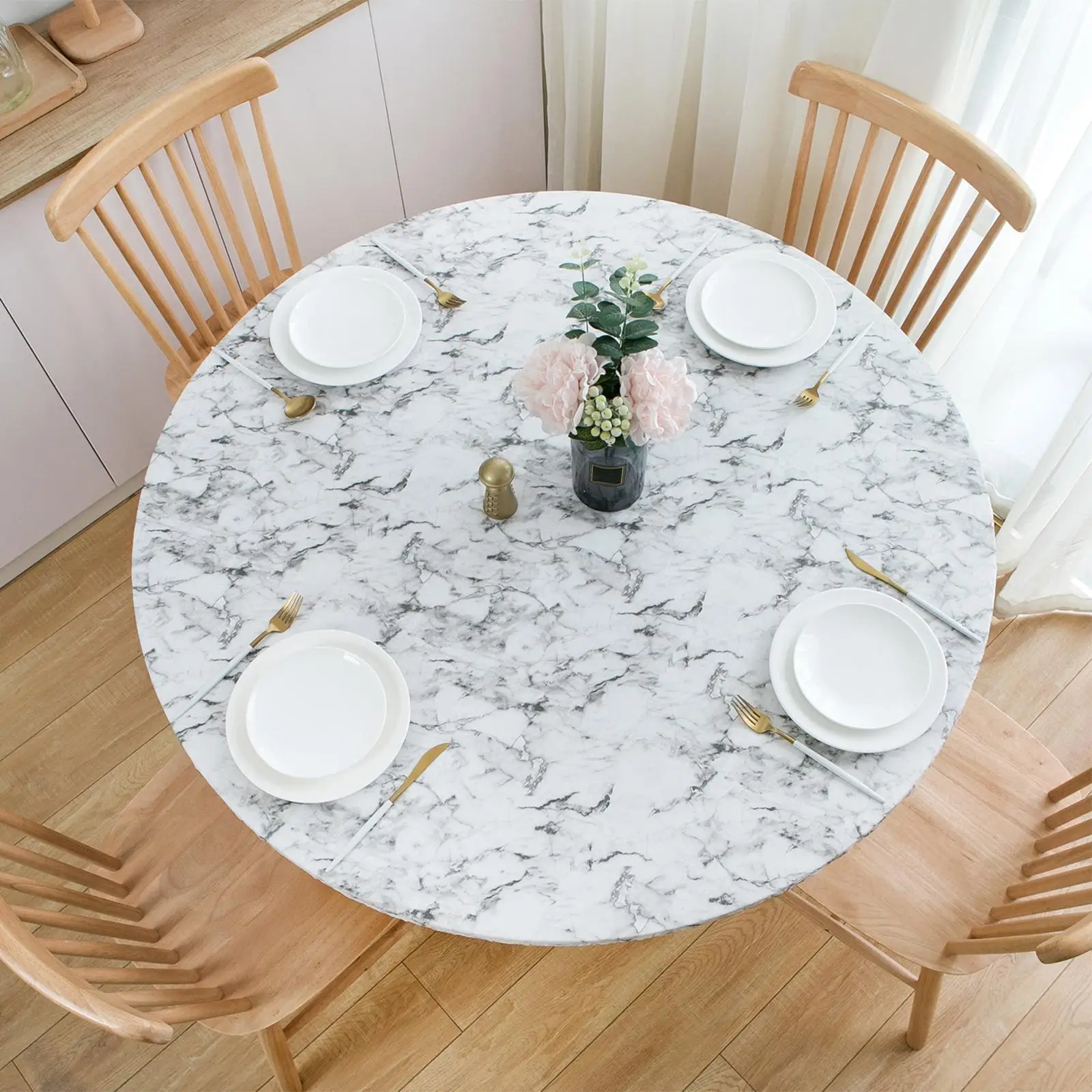 Mantel Redondo De Vinilo Elástico YOURTABLECLOTH - Resistente, Con Respaldo De Franela Antideslizante, Para Interior Y Exterior