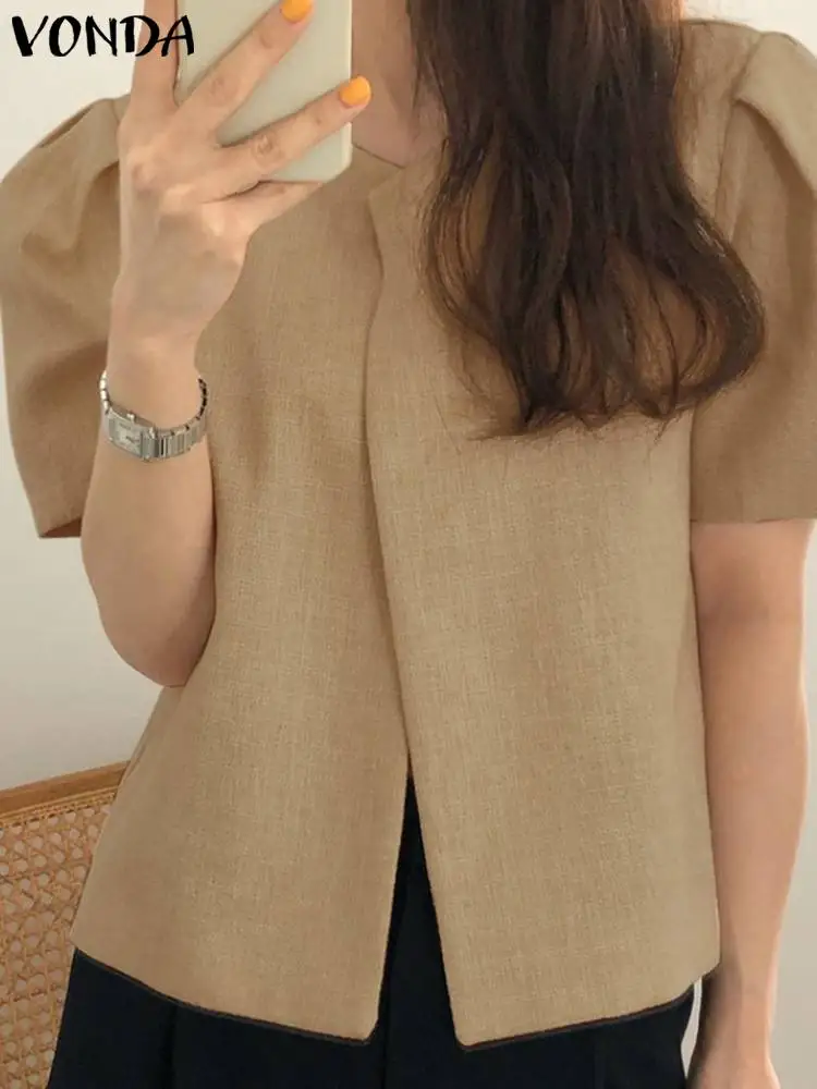 

VONDA Elegant Blouse Fashion Women OL Shirts 2023 Summer Short Puff Sleeve Sexy Round Neck Solid Tops Casual Loose Blusas Femme