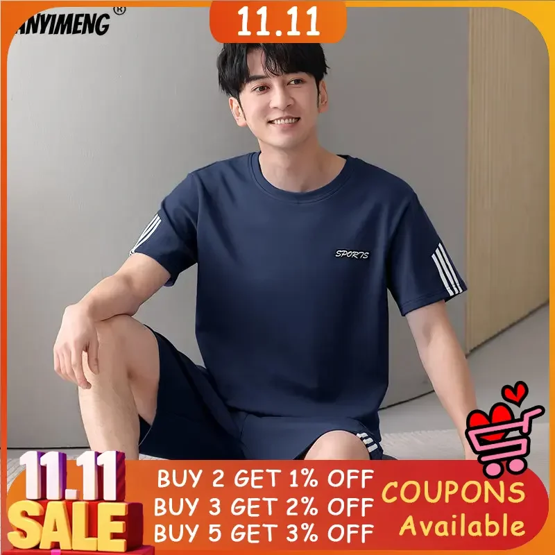 플러스 사이즈 4XL 5XL 6XL 7XL 잠옷 세트 남성용 짧은 소매 반바지 잠옷 부드러운 코튼 남성 잠옷 패션 루즈 홈 슈..