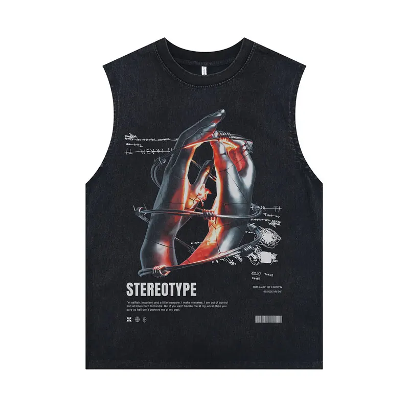Description Picture 3 of itemVintage Black Tank Tops Streetwear Hip Hop Robot Hand Graphic Print Sleeveless Oversized Tshirt Vest 2024 Harajuku Washed Shirts