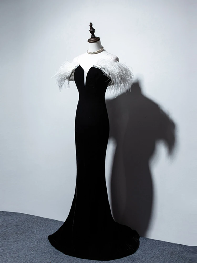

GUXQD Black Feather Velvet Mermaid Evening Dresses V-Neck Prom Party Gowns Formal Vestido De Fiesta abendkleider robes de soirée