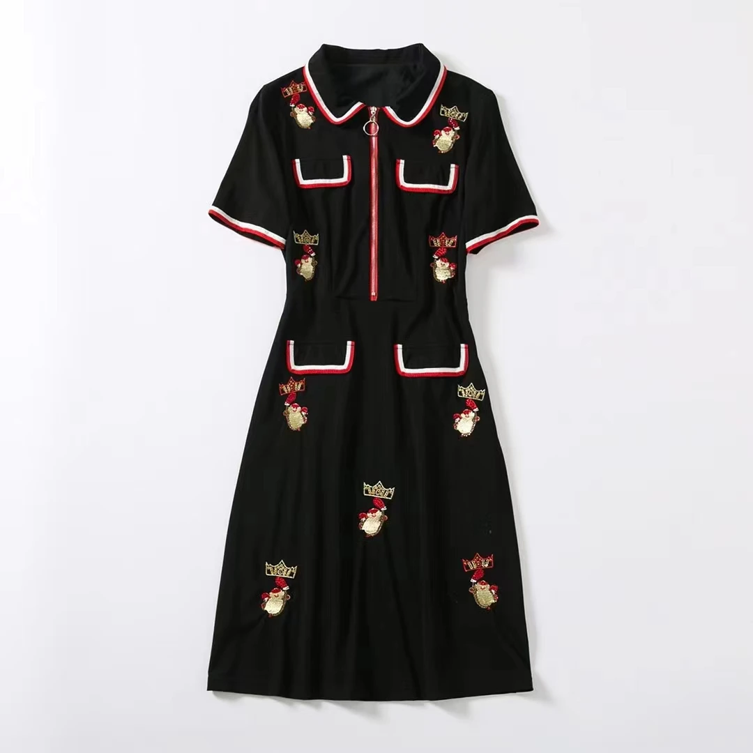 

European and American women's wear spring 2022 new Short sleeve lapel with black crown embroidery Fashion dress