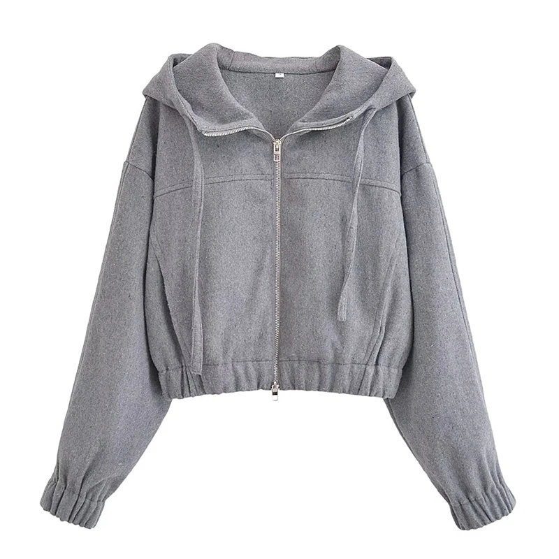 

YENKYE Women Gray Hooded Crop Sweatshirt Long Sleeve Female Autumn Winter Cardigan Outerwear