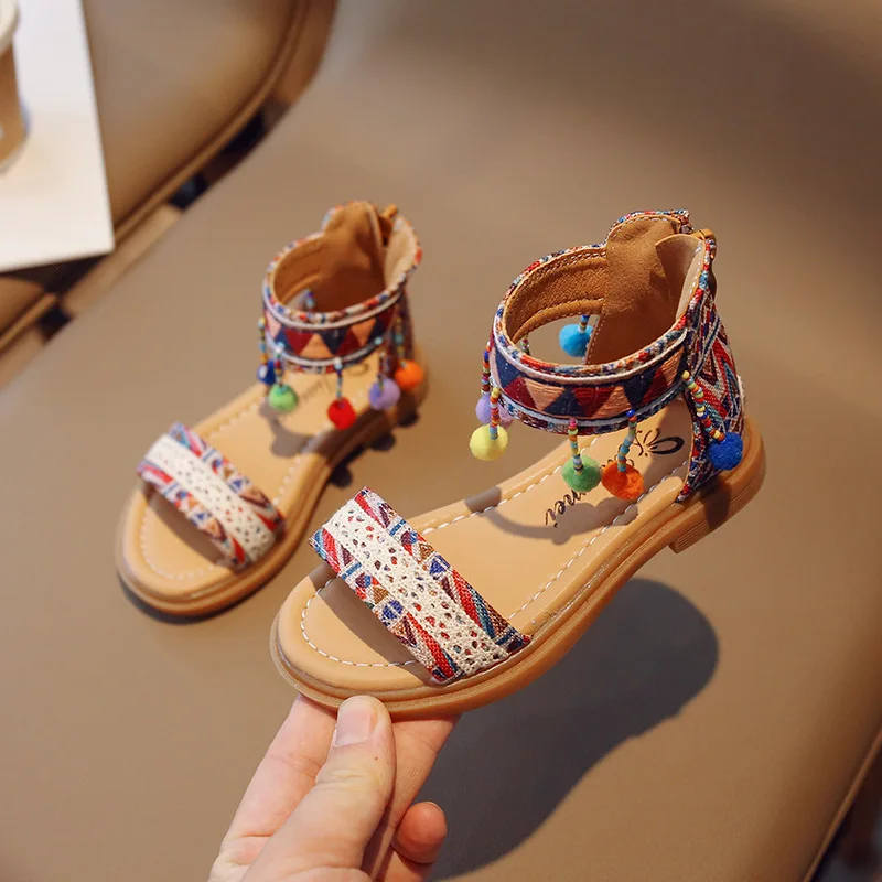 

Size 23-35 2024 Summer New Kids Luxury Girls Sandals 4 for 9 Years Old Korean Fashion Ethnic Style Open-toe Flat Princess Shoes