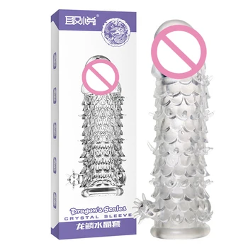 Extension Reusable Condom Penis Sleeve Male Enlargement Time Delay Spike Clit Massager Cover Crystal Clear Condoms Adult Sex Toy 6