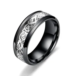 Men's Jewelry: Dragon Inlay Stainless Steel Rings - 20 Color Options, 8mm Wide, Comfort Fit - 9 (Black Silver)