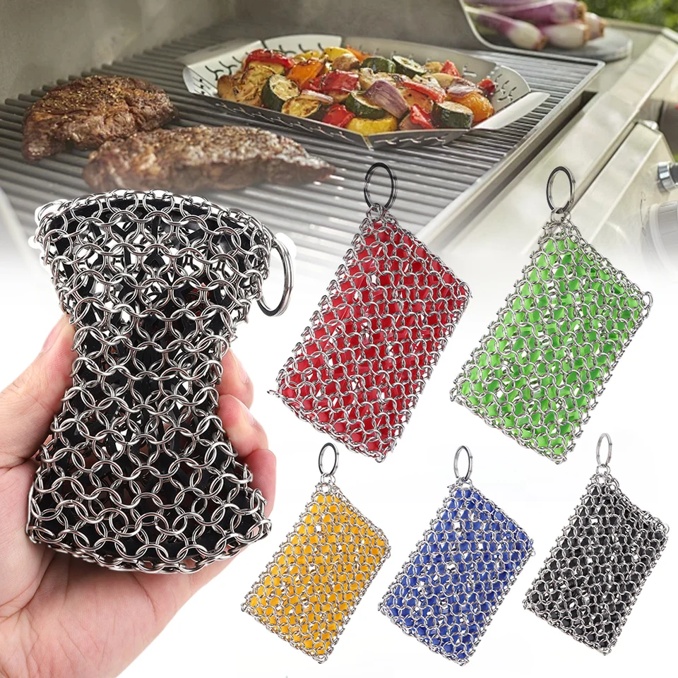 Gadught Pulitore In Ghisa Chainmail Con Inserti In Silicone - Spazzola In Acciaio Inox Per Pentole, Padelle E Wok - Rosso
