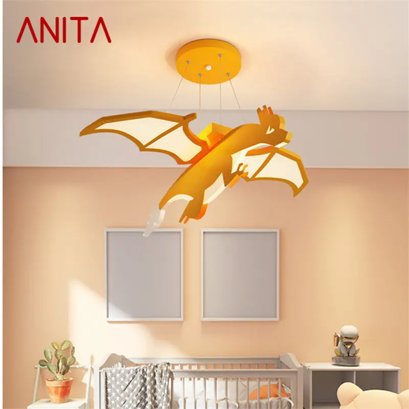 

ANITA Children's Dinosaur Pendant Lamp LED Creative Orange Cartoon Light For Kids Room Kindergarten Dimmable Remote Control
