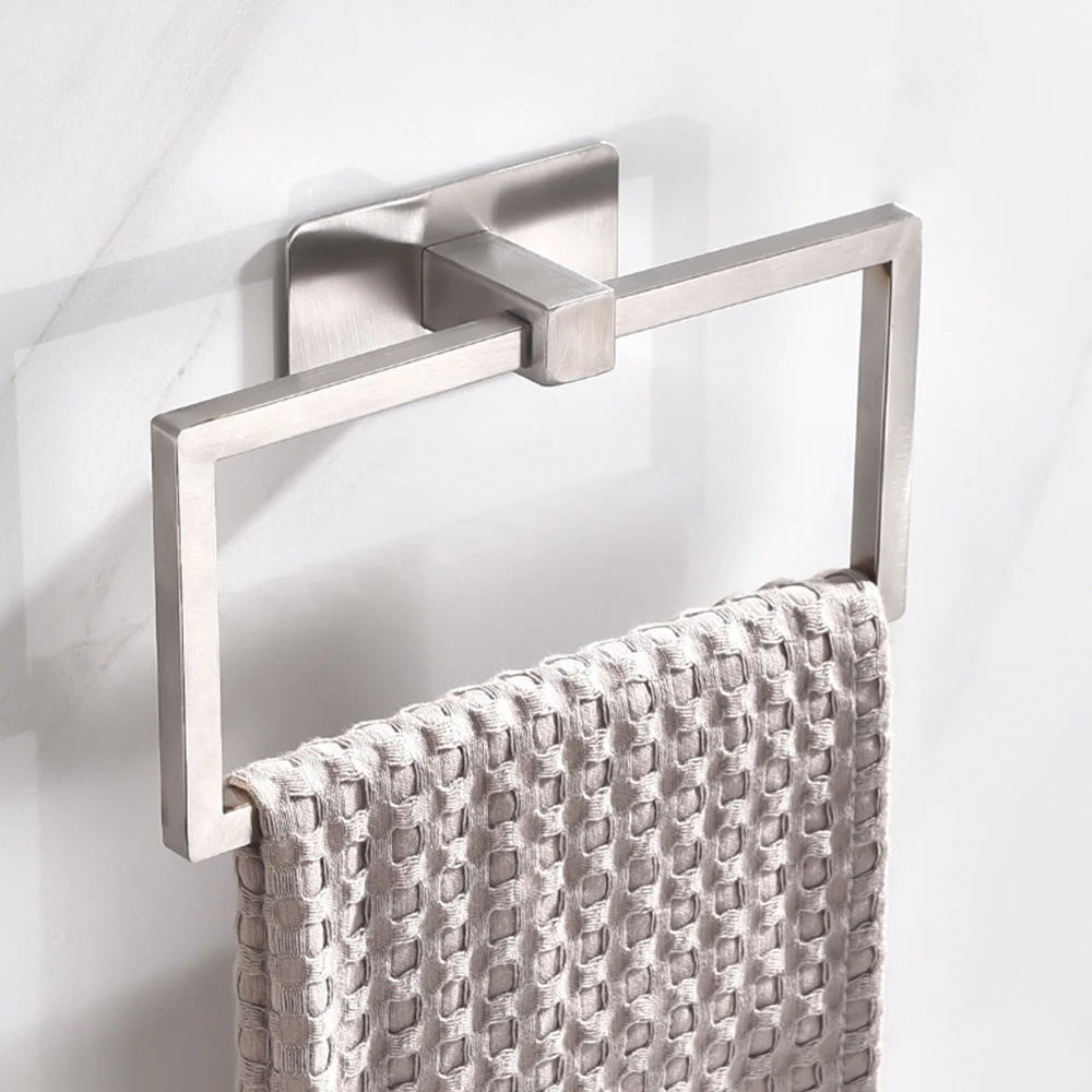 Stainless Steel Square Towel Ring Rack No Need Punch Holes Towel Hanging Ring Bathroom Movable