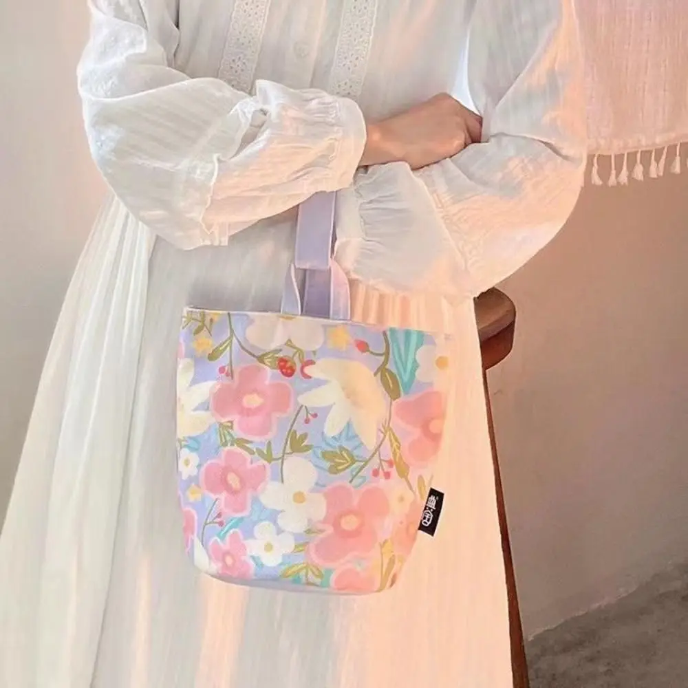 

Korean Style Fresh Flower Bucket Bag Portable Large Capacity Tote Bag Canvas Handbag Lunch Bag Shopping Bags Mummy Bag Outdoor