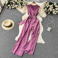 Summer Women Long Jumpsuits V Neck Sleeveless Belt Design Zipper Loose Wide Legs Pants 2024 New Fashion OL Bodysuits - Image 5