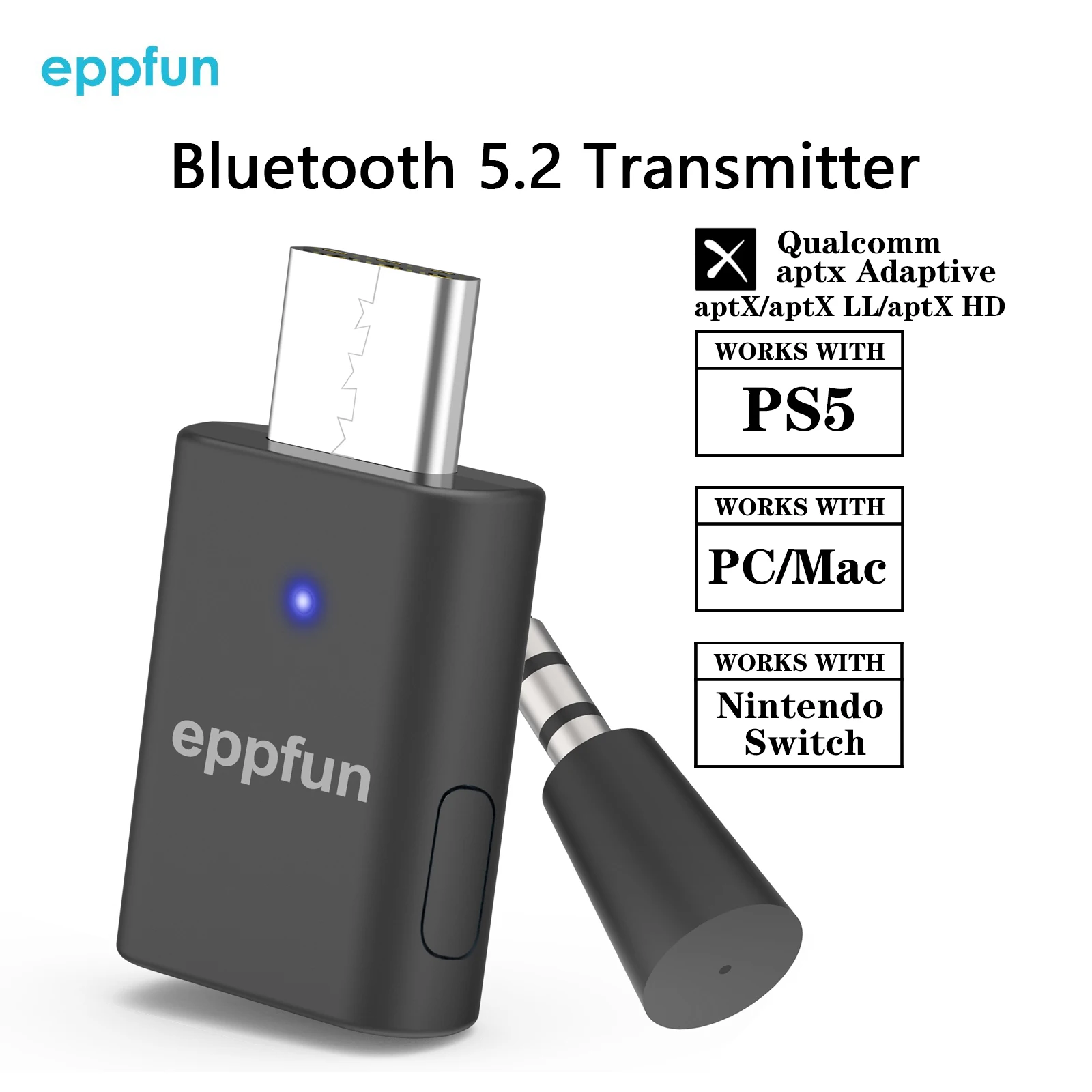 eppfun AK3040Pro USB-C Qualcomm aptX-Adaptive Bluetooth 5.2 Transmitter Dual Connection Audio Dongle Adapter for PC/Mac/PS5