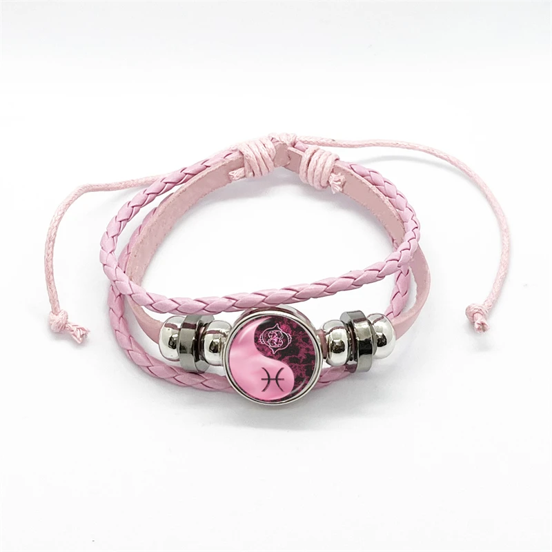 12 Zodiac Signs Yin Yang Bracelets Constellation Glass Cabochon Pink Leather Bangle Women Girls Birthday Gifts Wholesale 5