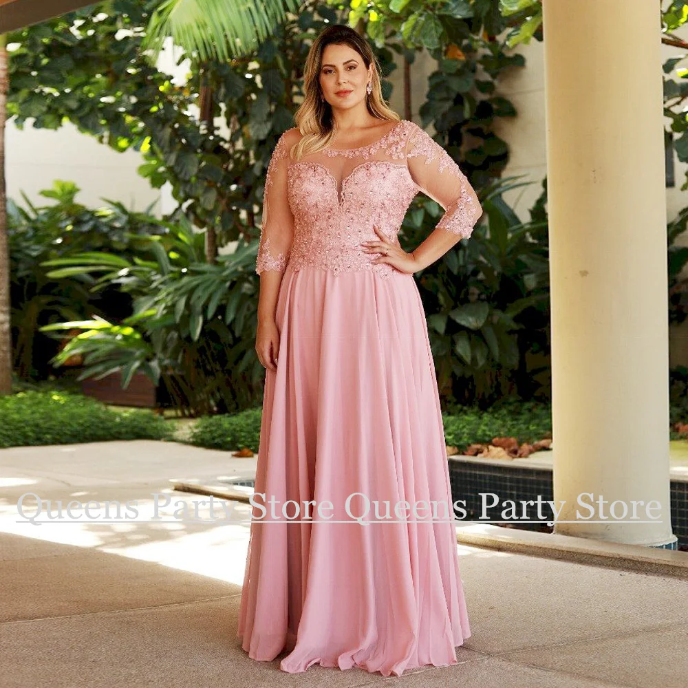 

Pink Mother of The Bride Dress Plus Size Classic Scoop Neck Beading Applique Chiffon A Line Wedding Guest Gown Evening Dresses