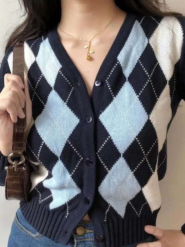 American Retro V-Ne Diamond id Long Sve ort Knitted Cardigan Women's Sweater Coat Early Autumn New Single Button Sle