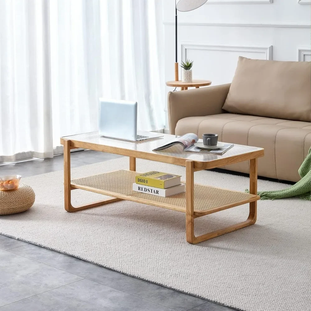 Rattan Coffee Table with Tempered Glass Top,Wood Coffee Table for Living Room,Glass Top Coffee Table with Imitation Rattan 4