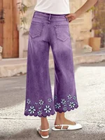 Plus Size Womens Loose Fit Jeans Printed Denim Pants Elastic Waist Comfort Stretch Trousers Floral Embroidery Women's pants - Image 2