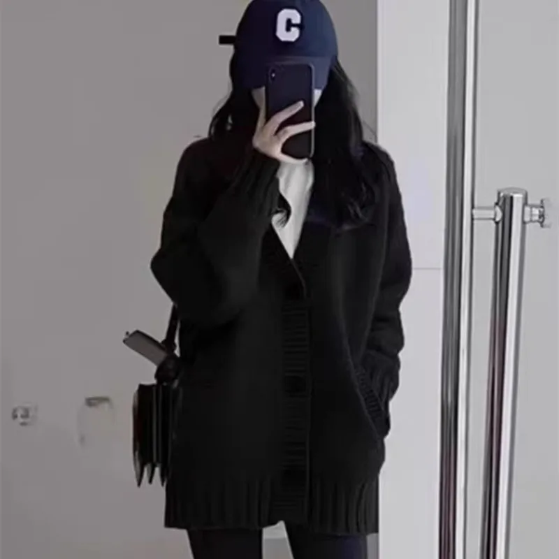 100% Pure Wool Knit Japanese Cardigan Women's 24 Autumn/Winter Korean Jacket Mid Length Coat Loose Large Cashmere Sweater Female 6