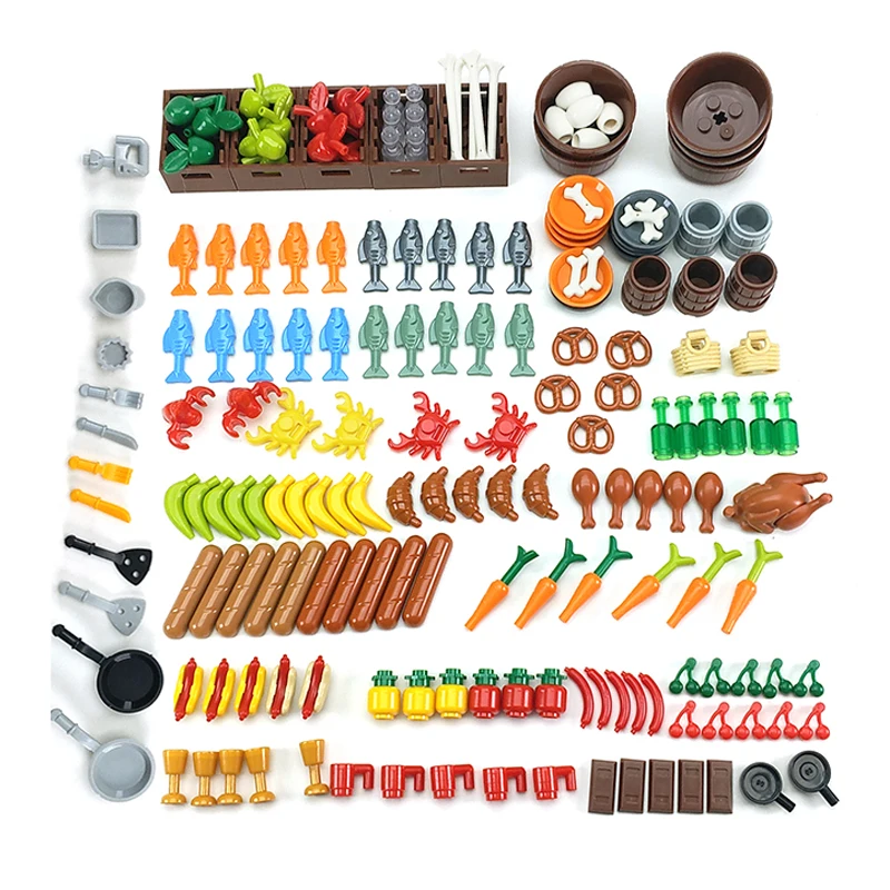 Culinary-Themed Building Block Set: Bread, Chips, Roast Chicken, Pizza, Hot Dog, Fish, Fruit, Carrot, and Basket