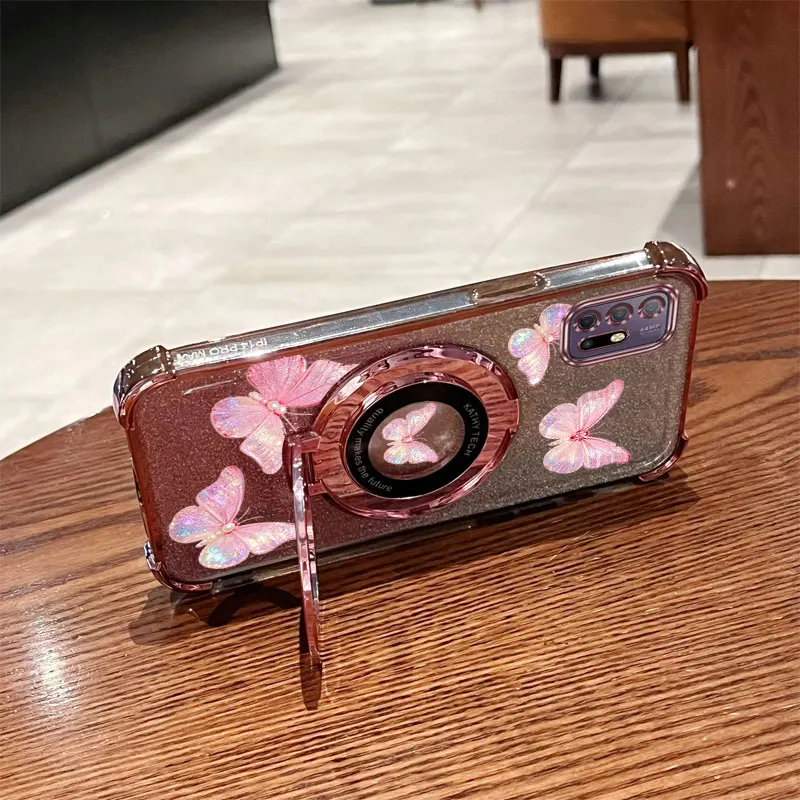 Glitter Pink Butterfly Phone Holder Case with Diamonds Strap Lanyard