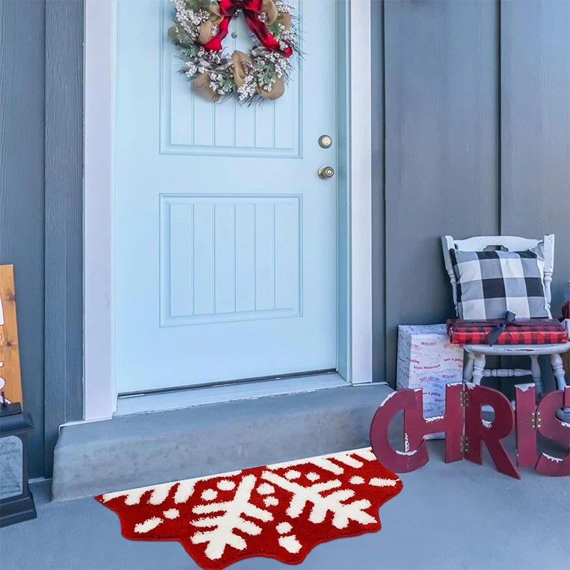 Floor Mat Red Christmas Snowflake Imitation Cashmere Carpet Semi-circular Winter Anti Slip Bathroom Mat Decoration Home Door Mat Decor