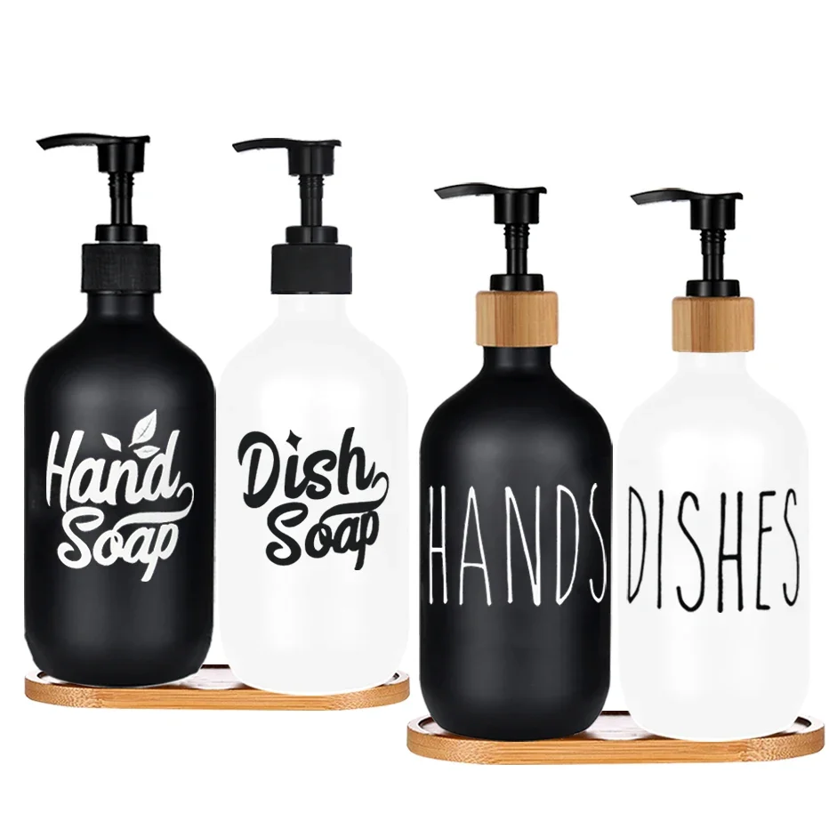 Soap Dispenser Refillable Bottle Soap Dispenser Bottle 500ml Matte Black Dish Soap Hand Soap Bottle Kitchen Bamboo Wood Pump Bathroom Accessories