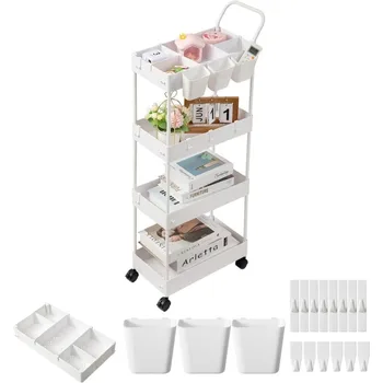 Storage Cart on Wheels, Bathroom Organizer Slim Laundry Cart Narrow Shelf Cart with Wheels Dividers Hanging Cups Hooks 2