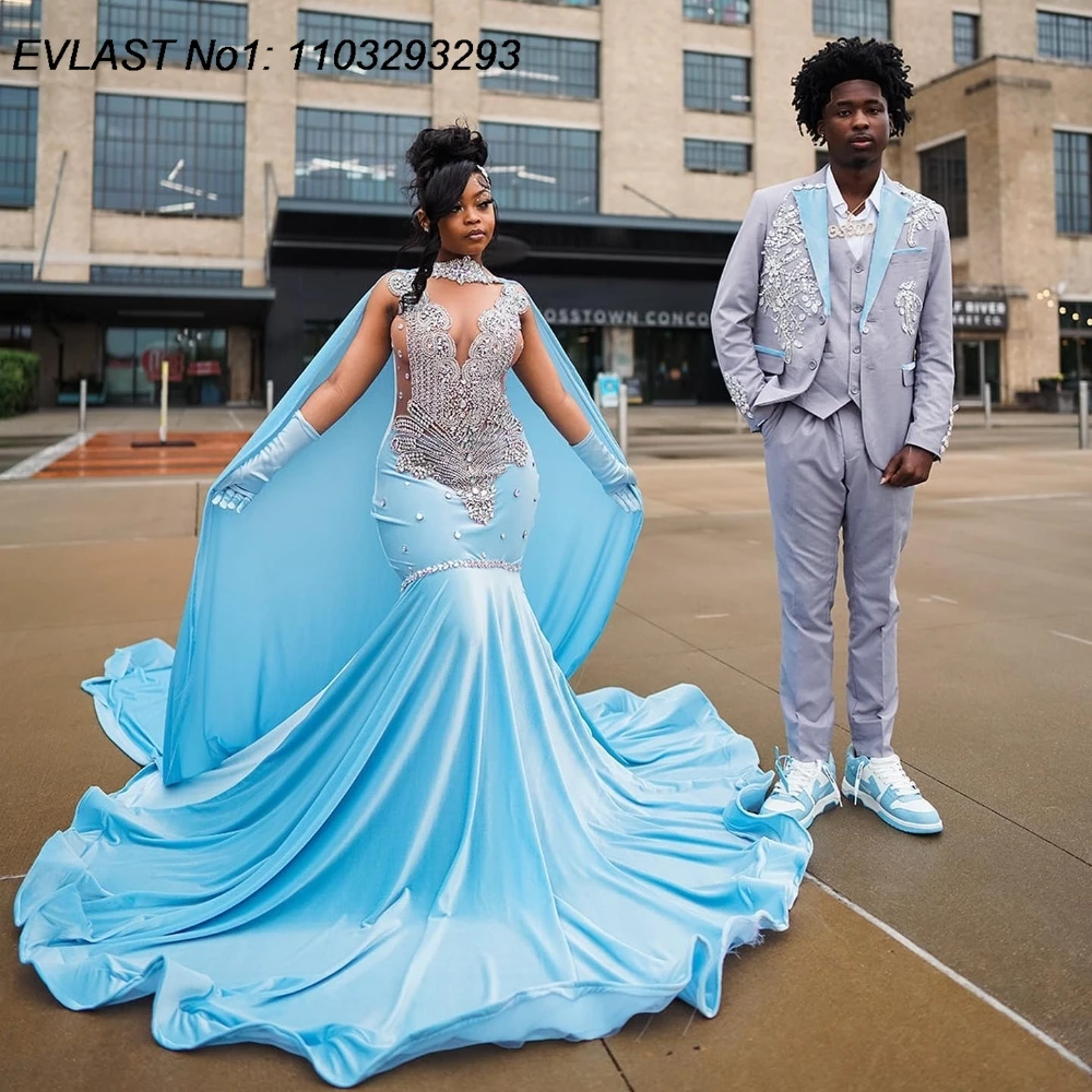 18 birthday outfit evening dress custom made black girl mermaid blue prom gowns  Y887