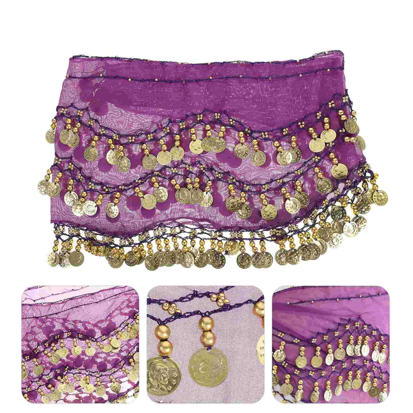 

Women Chiffon Dangling Hip Scarf 3 Rows 128 Coins Belt for Belly Dancing (Purple)