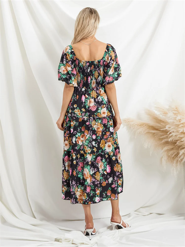 Robe longue fleurie mi longue pour femmes manches bouffantes manches courtes col carre decoupee trapeze boheme decontracte retro fluide AliExpress